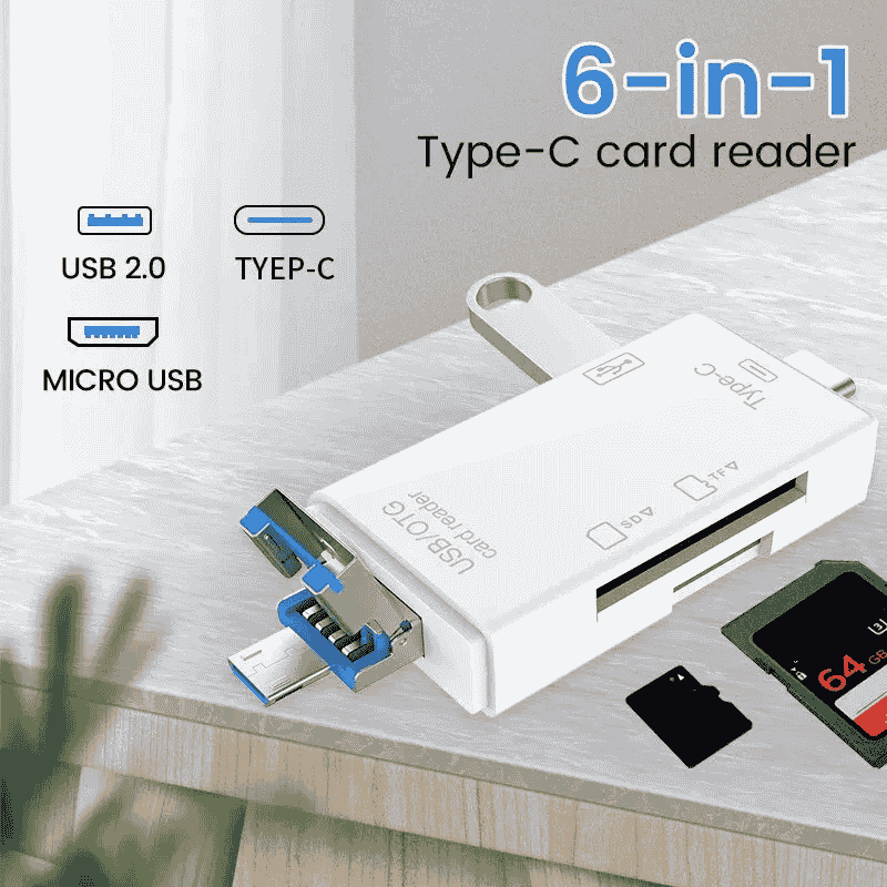 OTG Type C SD TF Card Reader 6 in 1 USB 2.0 Micro USB Flash Drive Adapter High-Speed Transfer Multifunctional Card Reader. 