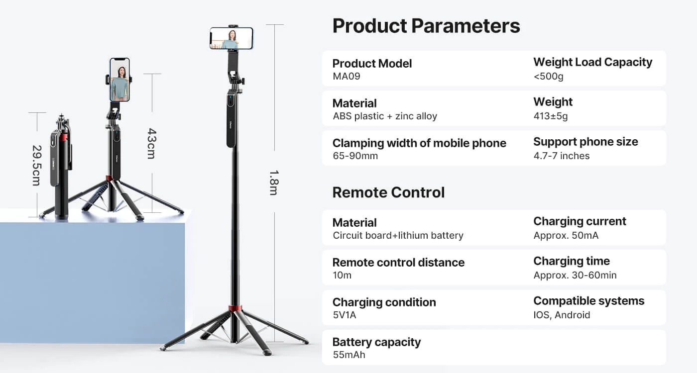 ULANZI MA09 Extendable Phone Tripod, 71" Selfie Stick Phone Vlog Tripod Stand Quadrapod with All in 1 Phone Clip, Travel Tripod Phone Holder with Rechargeable Remote. 