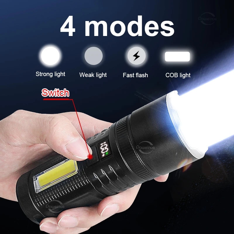 1000000 Lumens 500W NEW Wick Powerful Flashlight Rechargeable Tactical Flash Light Long Range 3000M Search Lamp With Side Light. 