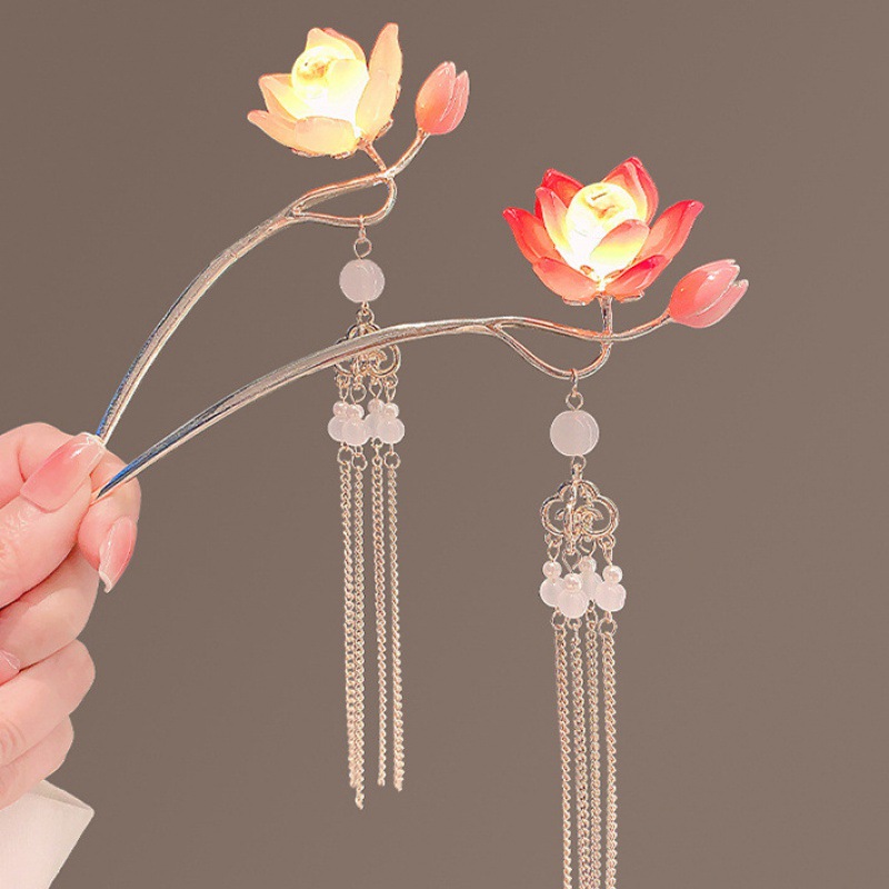 Glowing Lotus GD Hairpin Female Ancient Style Han Chinese Clothing Cheongsam Hairpin Lotus Hair Clasp Super Fairy Updo Pin