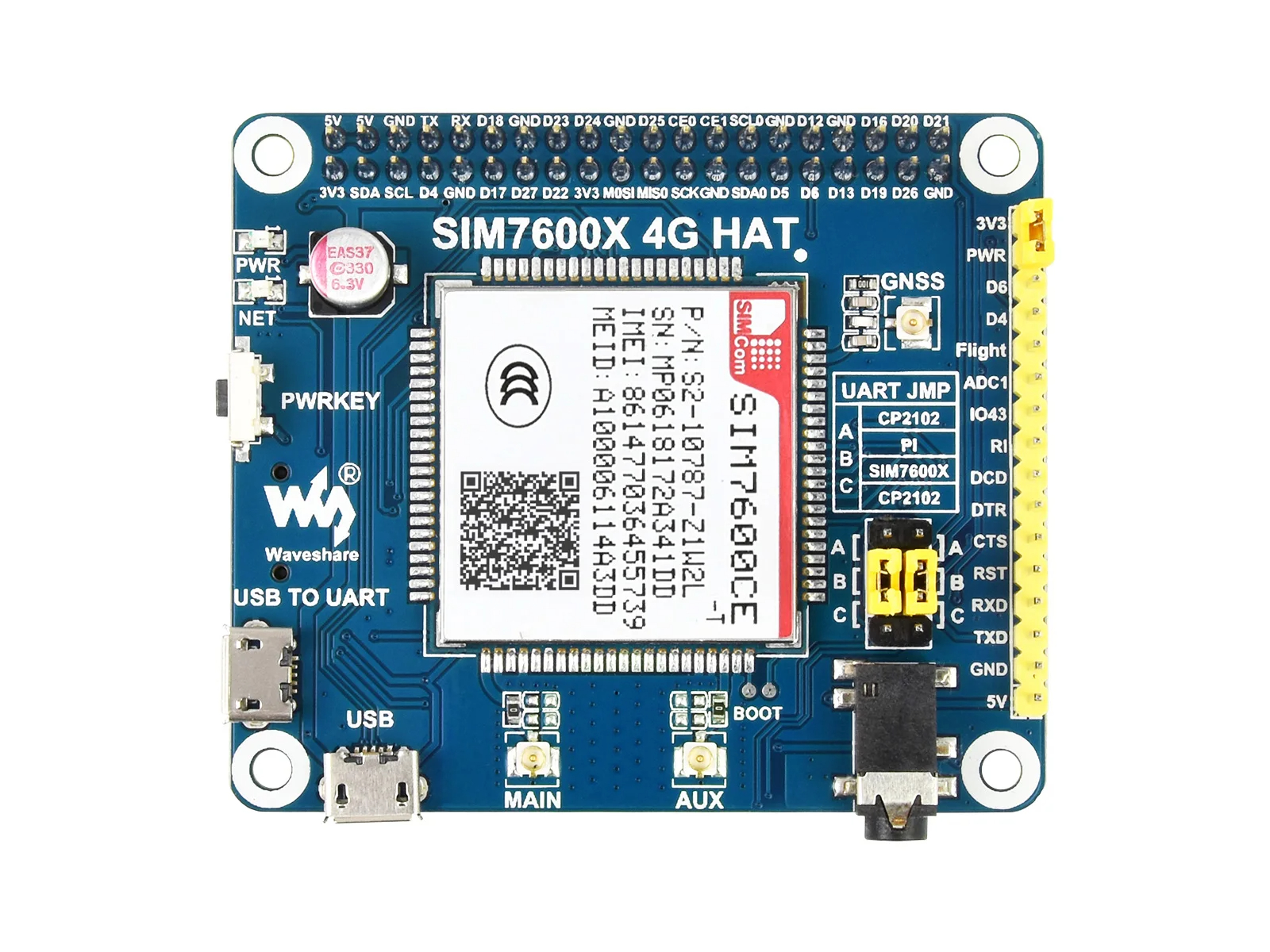 Waveshare SIM7600CE 4G HAT For Raspberry Pi, LTE Cat-4 4G / 3G / 2G Support, Positioning, For China. 