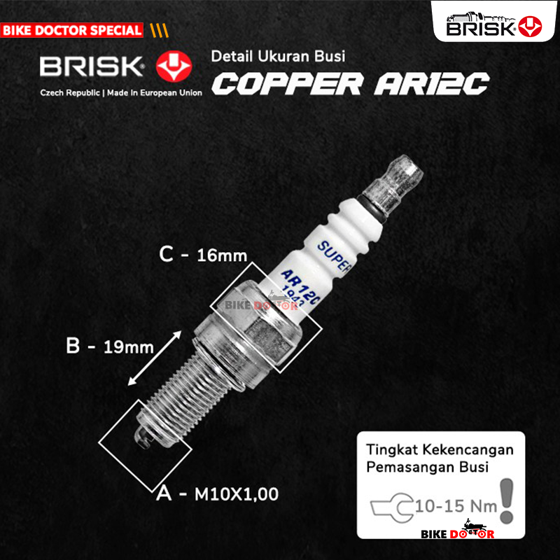 BRISK SUPER RACING AR12C SPARK PLUG LONG THREAD for Motorcycle (Made in Czech Republic) 1 Piece. 