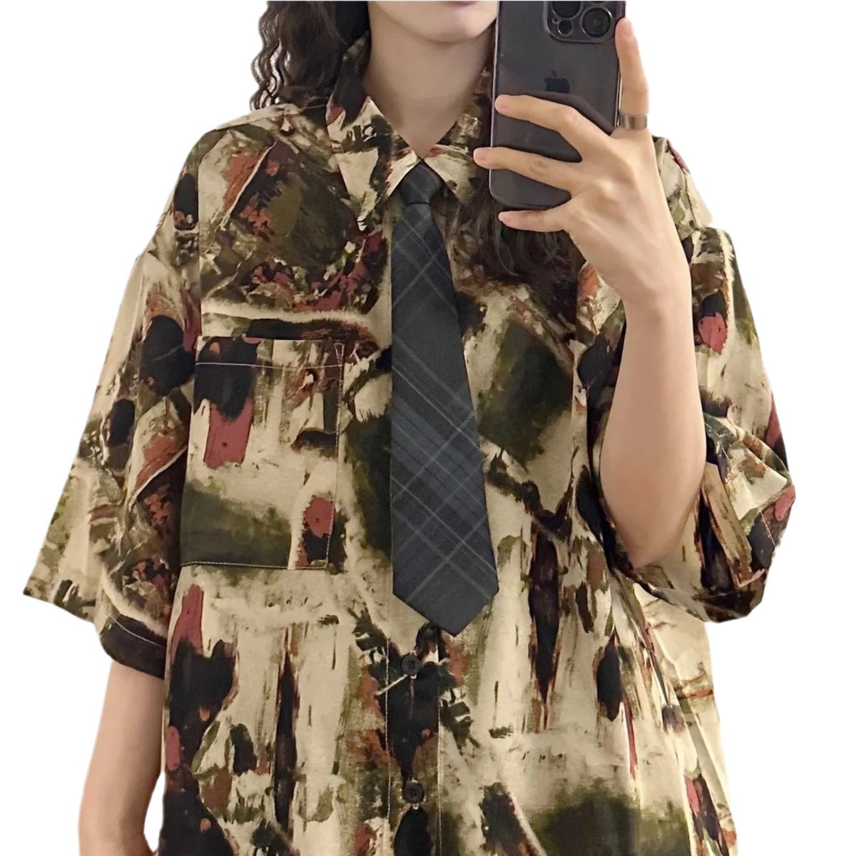 Loose American Style Retro Hong Kong Style Summer New Painting Full Printed Short-Sleeved Shirt Men's and Women's Lapel Shirt [ with Tie ]. 