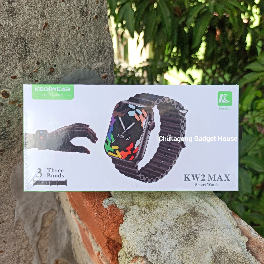 KEQIWEAR KW2 Max HD Curved Screen Wireless Charging & Multi Functional Smartwatch With 3 Bands. 