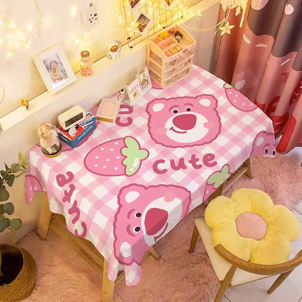 Cute strawberry bear tablecloth, study desk, table cloth, student dormitory, cartoon bedroom, dustproof cloth, coffee table, desk mat