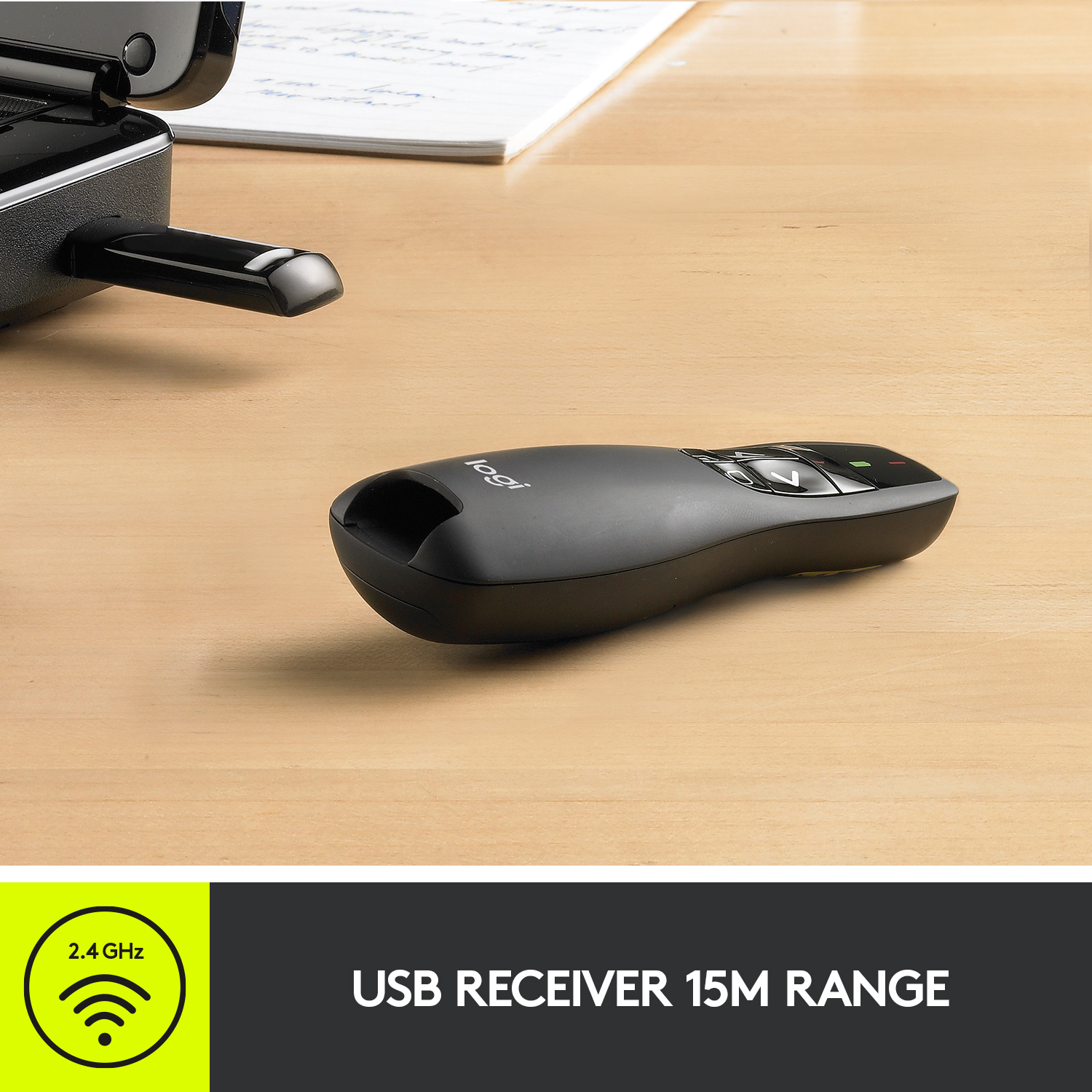 Logitech R400 Wireless Presentation Remote, 2.4 GHz, USB-Receiver, Red Laser Pointer, 15-Meter Operating Range, 6 Buttons, Intuitive Slideshow Control, Battery Indicator, PC - Black. 