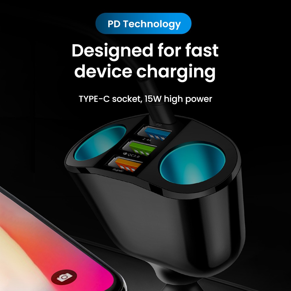 66W Car Charger Fast Charging Cigarette Lighter Adapter 3USB PD Type C Socket Car Phone Charger For iPhone Xiaomi Huawei QC 3.0. 