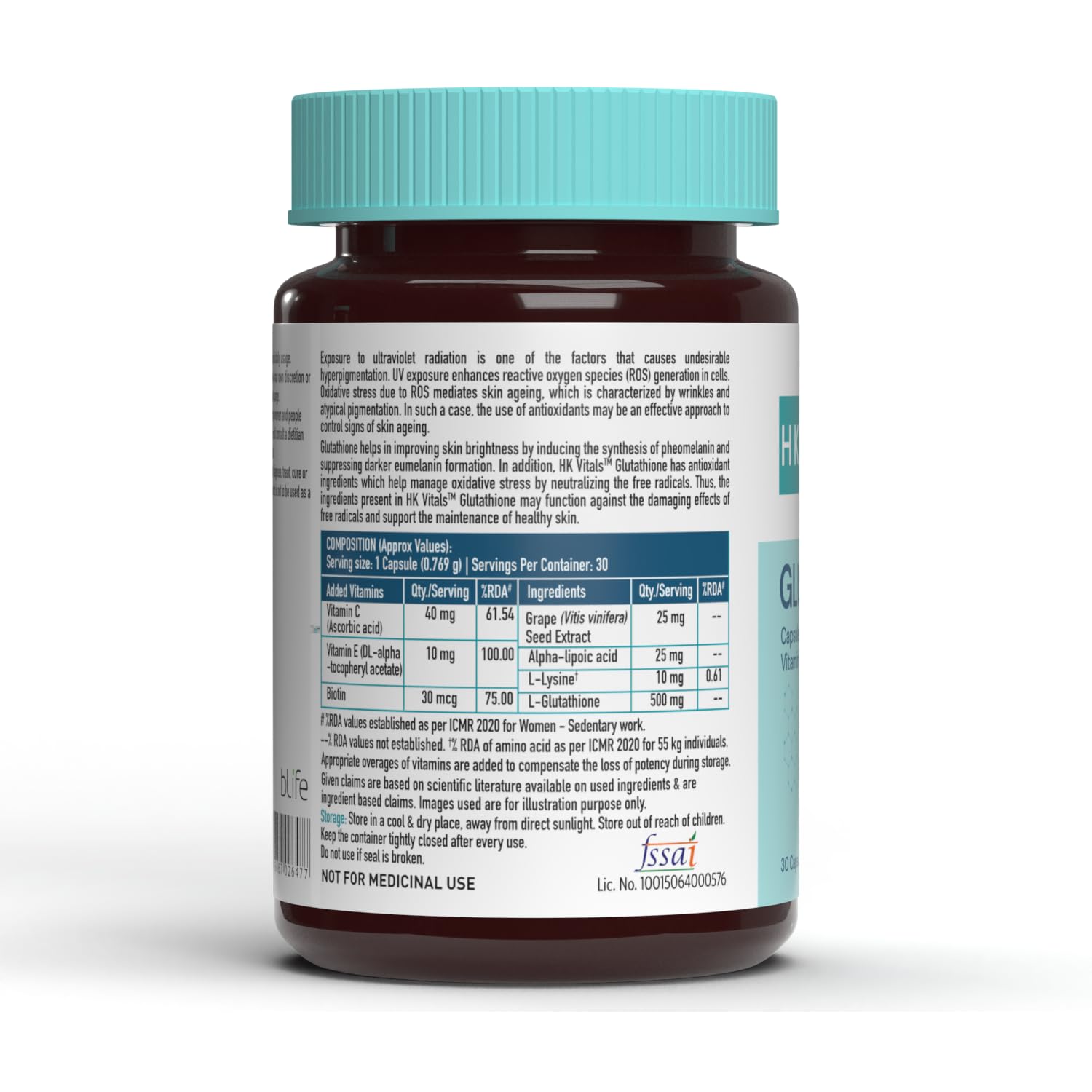 HealthKart HK Vitals Glutathione with Vitamin C & E, Biotin, Grape Seed Extract & Alpha Lipoic Acid, Antioxidant Support, for Skin Glow and Hydration, 30 Veg Capsules. 
