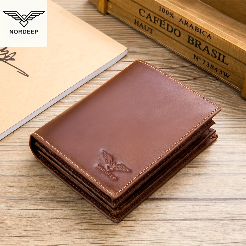 1pc Men's Nordeep Leather Wallet, With Extra-thick Three Fold Wallet, Top Layer Cowhide Retro Card Holder, Large Capacity Multi-function Multi-card Wallet