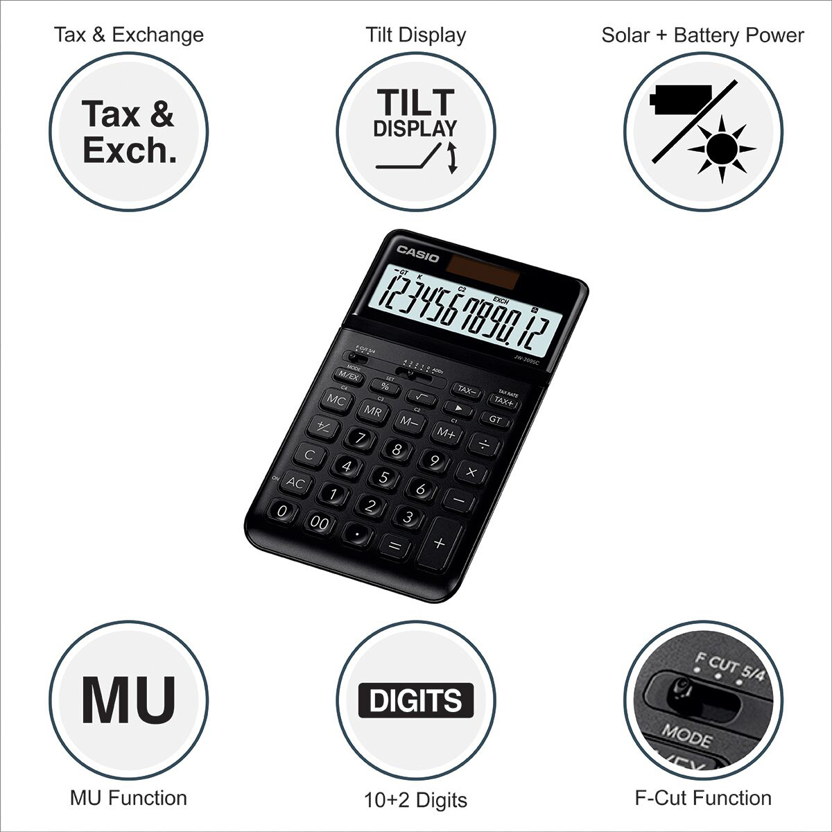 Casio JW-200SC-BK Solar and Battery Powered Basic Calculator - Black. 