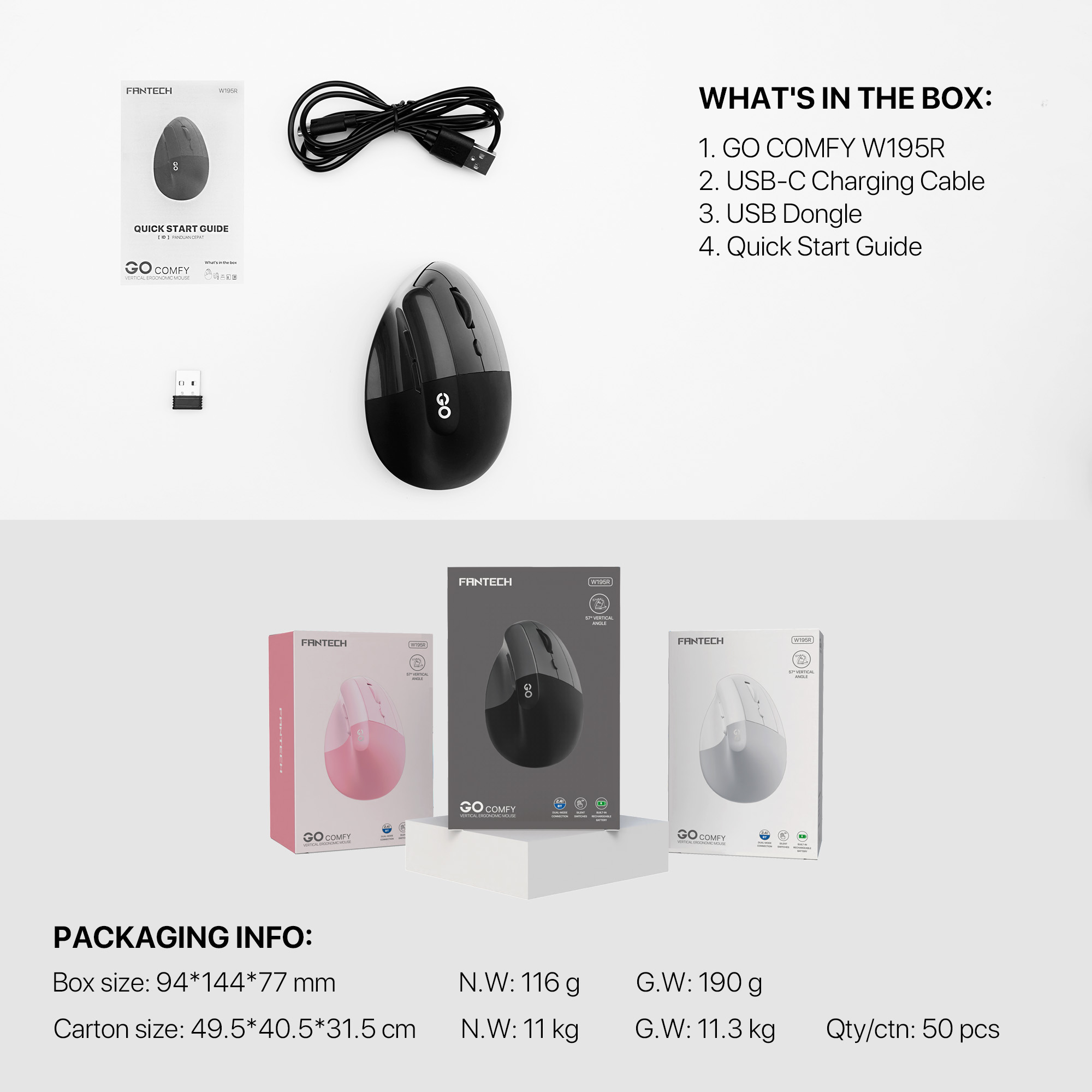 FANTECH W195R GO Comfy Mouse Vertical Ergonomic Design Wireless & Bluetooth Connection Compact Wireless Mouse. 