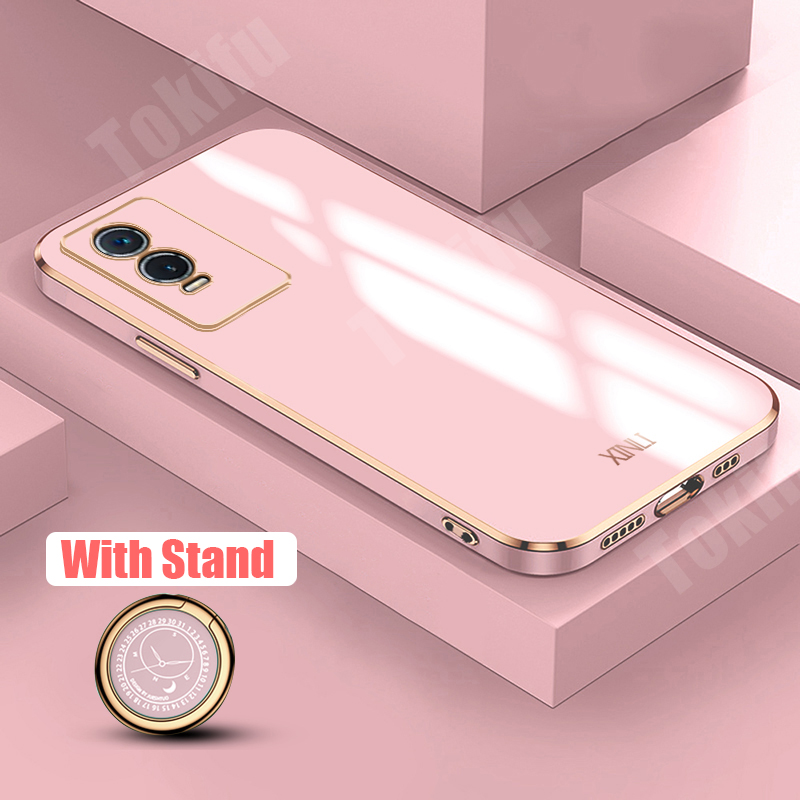 Tokifu For VIVO Y76 5G Case Luxury 6D Plating Soft Back Cover Silicone Phone Cases With Stand. 