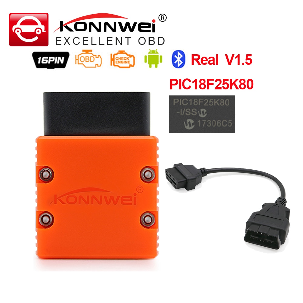 Konnwei ELM327 V1.5 PIC18F25K80 Bluetooth-compatible KW902 elm 327 OBD2 Scanner work as ICAR2 adapter OBDII diagnostic Tool. 