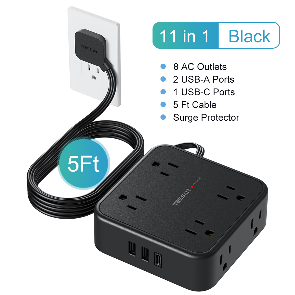 TESSAN 5 ft/10 ft Flat Extension Cord Flat Plug Power Strip with 8 AC Outlets 3 USB (1 USB C), Surge Protector Power Strip. 