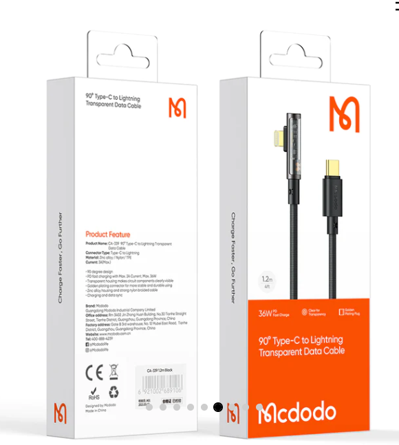 Mcdodo CA-3390  Prism Series Type-C to Lightning 36W Elbow Transparent Data Cable 1.2m. 