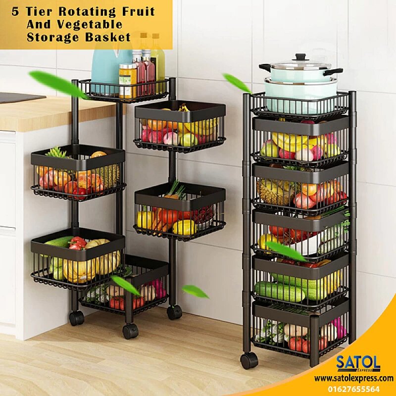 5 Layers square shape Kitchen Rotating Shelf 360 Degree Baskets Fruit Vegetable Storage Rack .