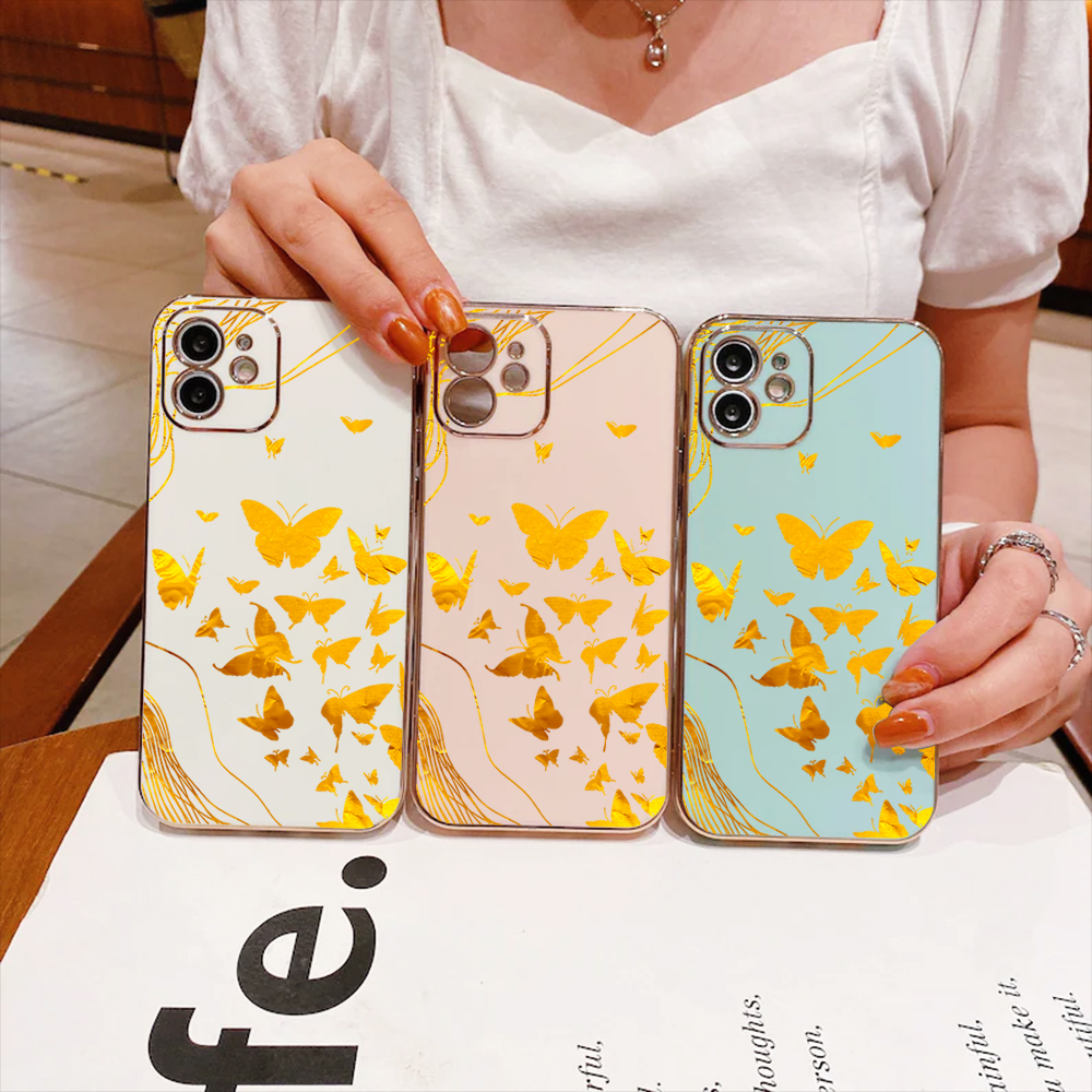 TA for Xiaomi Redmi 10 5G Back Cover + Free Lanyard INS Style Golden Butterfly Luxury 6D Plating Case Side Pattern Soft Silicone Square Phone Cases. 
