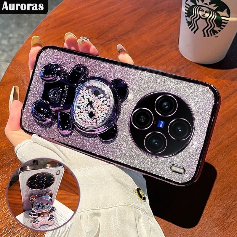 For Vivo X100 / X100 Pro Back Cover case with Gradient 3D Bear Folding Stand Bracket Luxury Slim 6D Plating Glitter Girls Phone Case Clear Soft Silicone Protective Cases Pouch