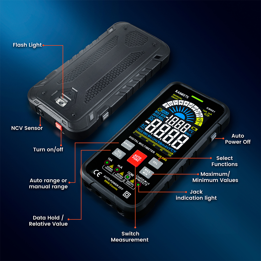 KAIWEETS KM601 9999 Counts Digital Multimeter Smart Auto Range 1000V 10A Tester Meter Ohm Hz Capacitance REL True RMS AC DC DMM. 