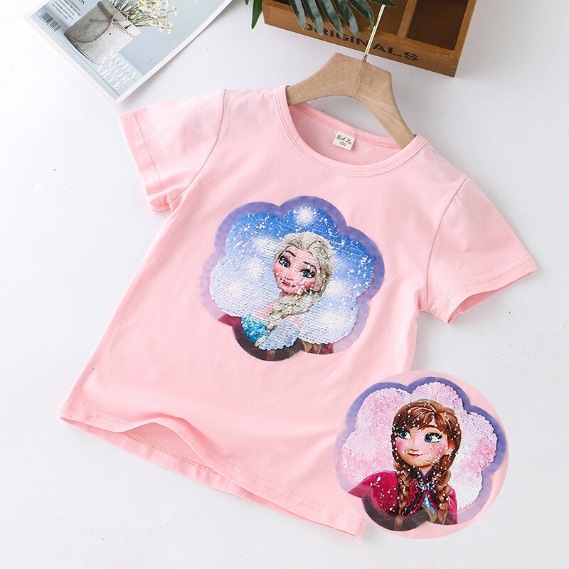 Summer Girls T Shirts Frozene Anna Elsa Princess Reversible Sequin Girls T-shirts  Color Short Sleeve Tees Children Kids Tops Clothes 2-8 yrs. 