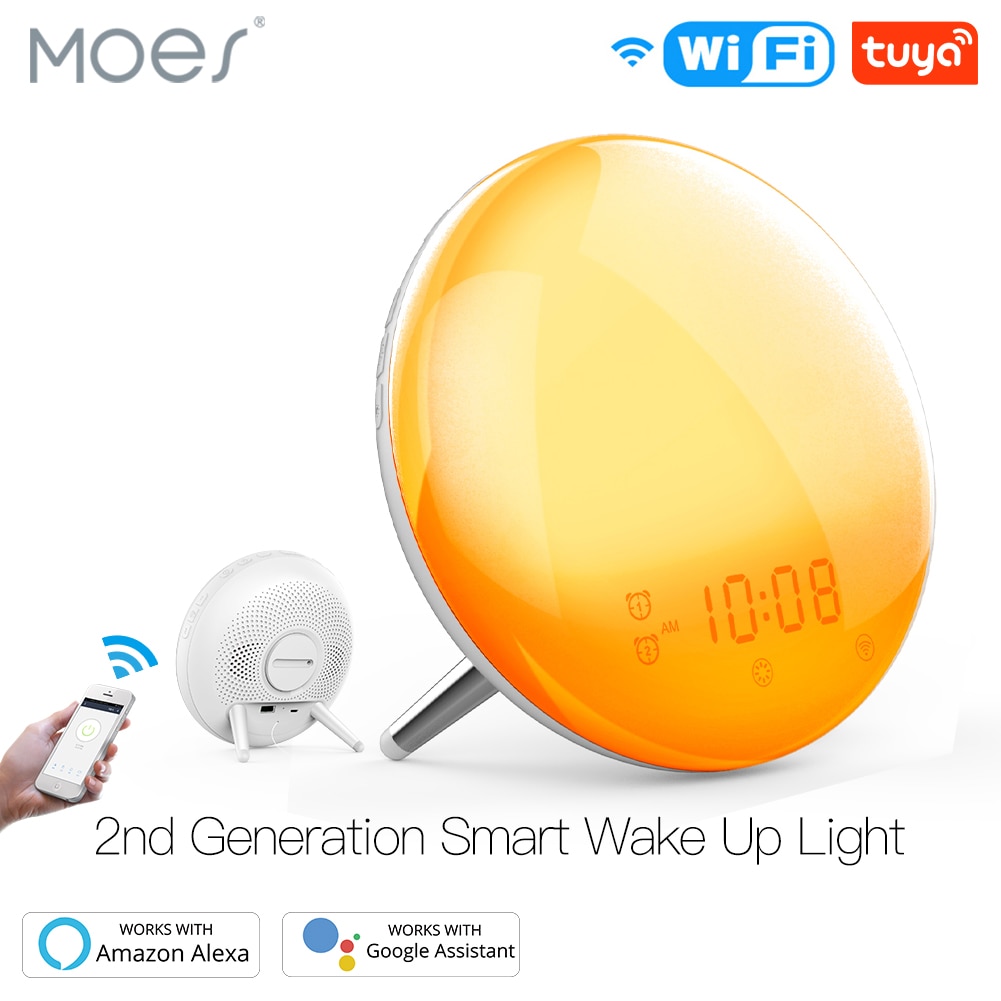 WiFi Smart Wake Up Light Workday Alarm Clock with 7 Colors Sunrise/Sunset Smart Life Tuya APP Works with Alexa Google Home. 