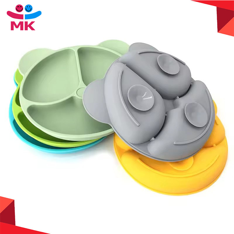 Cartoon Bear Shaped Baby Silicone Plate Cute Portable Suction Plate Kids Divided Plate Non-Slip Strong Suction Dishes for Baby Toddlers