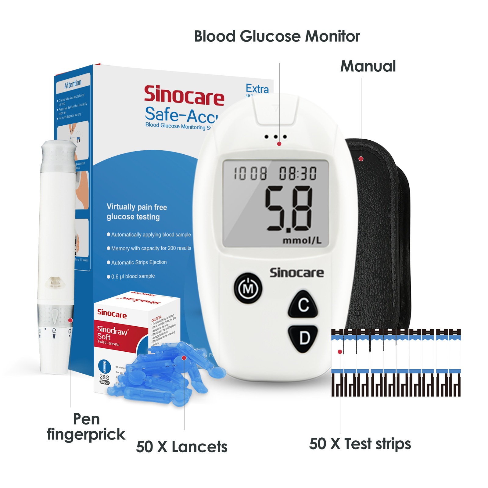 Sinocare Blood Glucose Monitor Safe AQ Angel Diabetes Test Kit, Glucometer 25/50 Test Strips Buy Cheaply On