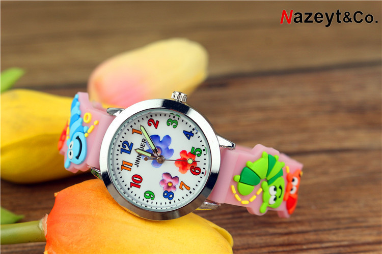 Children's Simplicity Flower Luminous Pointer Quartz Watch 3D Bug Pattern Strap Silicone Watch. 