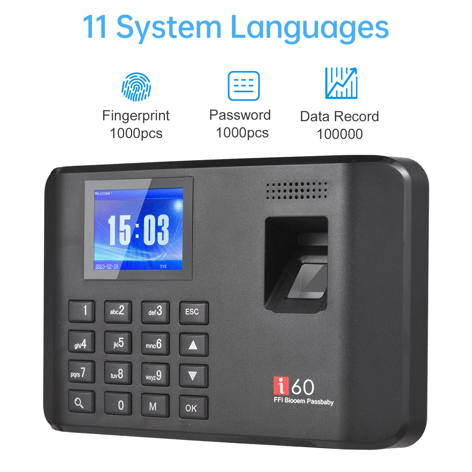 I60 Biometric Attendance System Password Fingerprint Attendance Machine Time Clock Employee Checking-in Recorder 2.4" LCD Screen. 