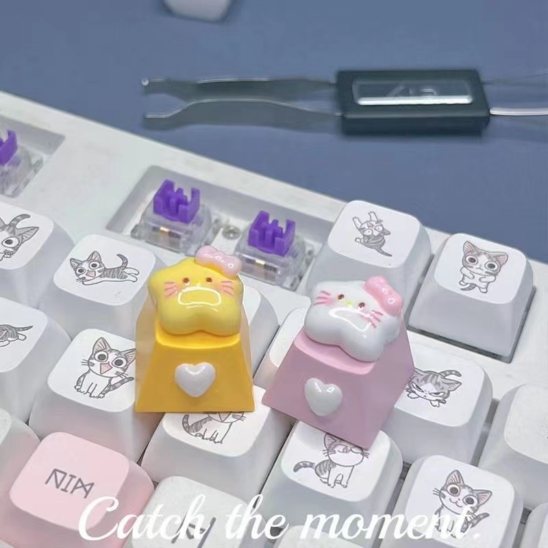 Cute Pink Mini Emoji Cat Bow Star Keycap Cross Axis R4 Cartoon Cat Mechanical Keyboard Keycap. 