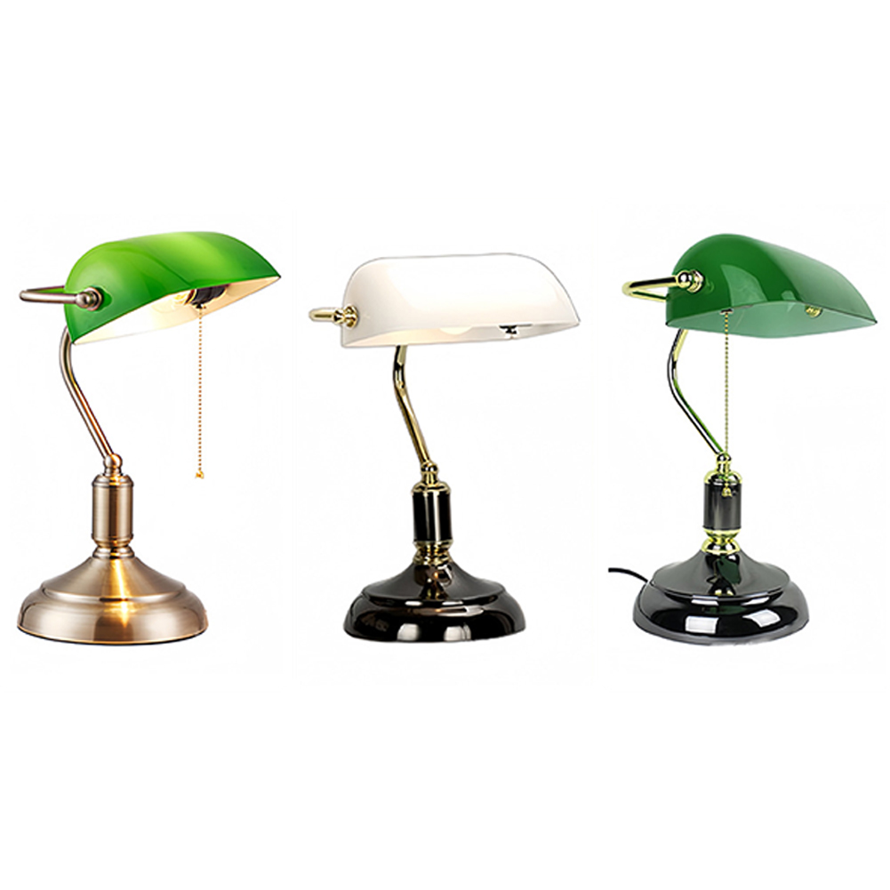 GC Vintage Desk Lamp Green Glass Antique Table Lights With Brass Base Wireless Rechargeable Pull Chain Traditional Library Lamp. 