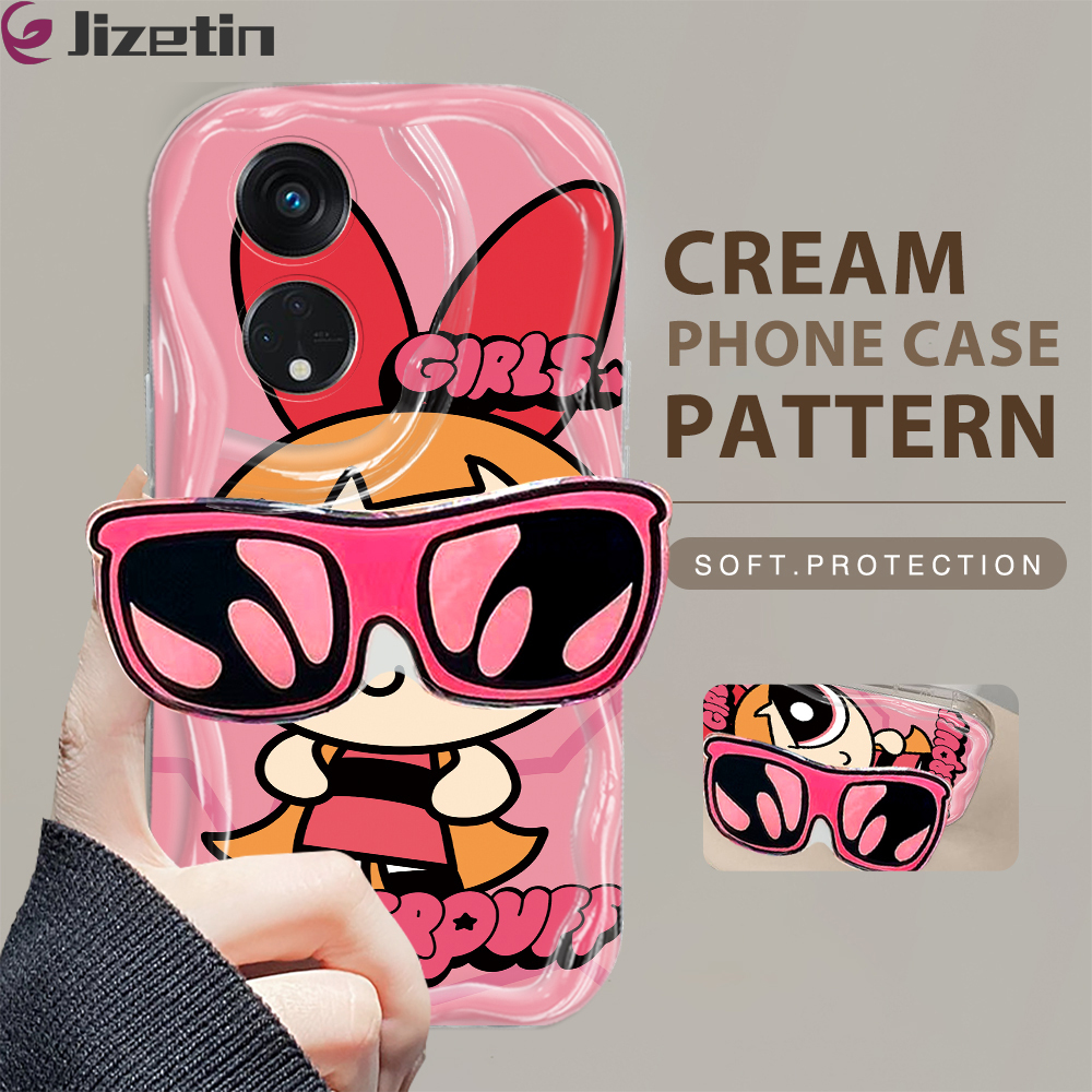 Jizetin for OPPO Reno8 T 5G Back Cover With Cartoon Powerpuff Girls Sunlasses Holder Cream Texture Wavy Edge Soft Silicone Phone Cases