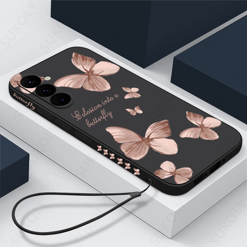 Butterfly Pattern Hand Lanyard Case For Samsung Galaxy S22 S23 S24 Ultra S23 FE A55 A53 A54 A35 A15 5G Soft Silicone Phone Cover