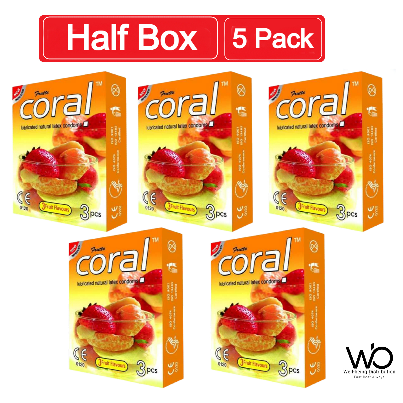 Coral 3 Fruits Flavor Flavors Lubricated Natural Latex Condom Half Box