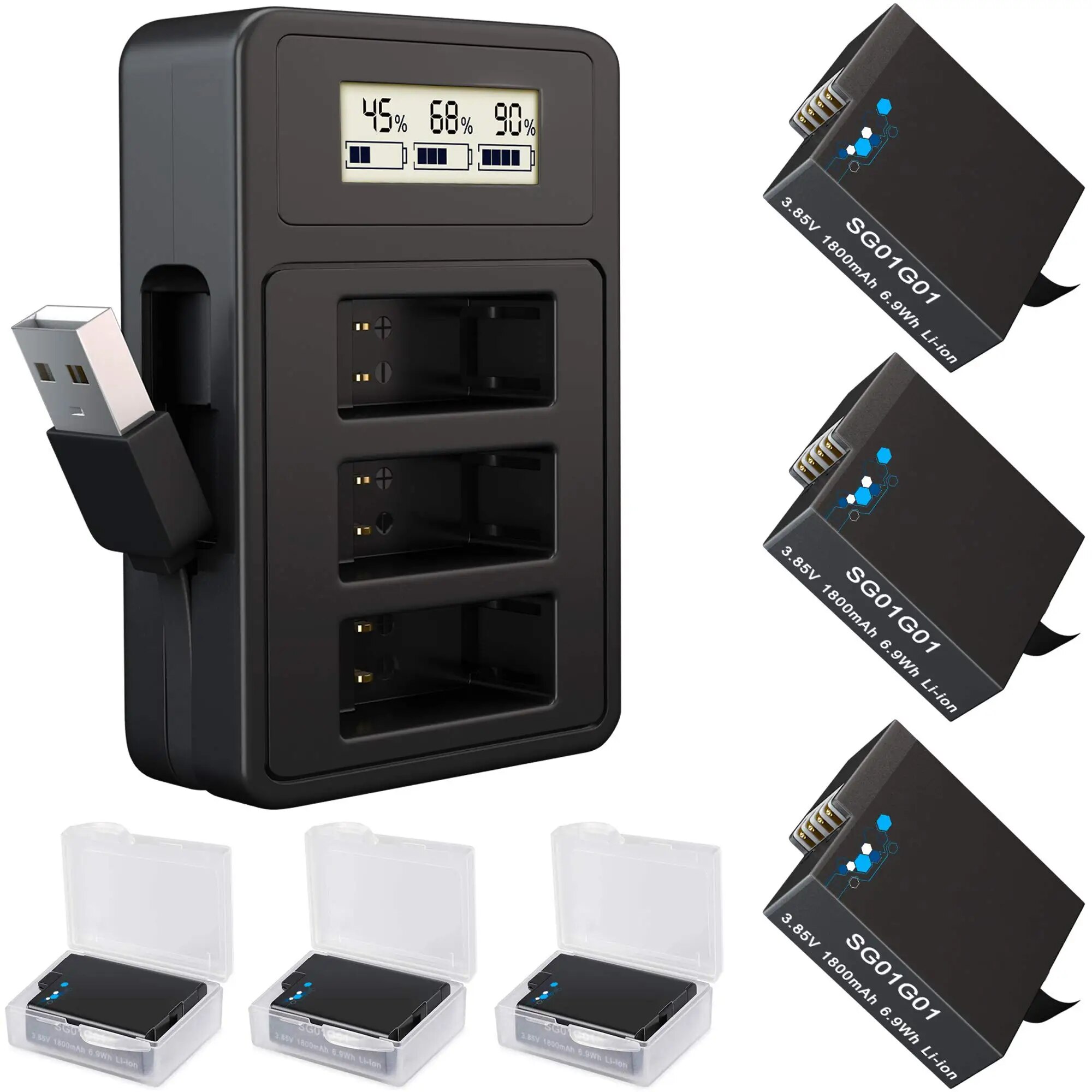 3Channel GoPro Battery Charger With USB Type C Smart Display Fast Charger For GoPro Hero 9 8 7 6 5 Black Camera Original Charger. 