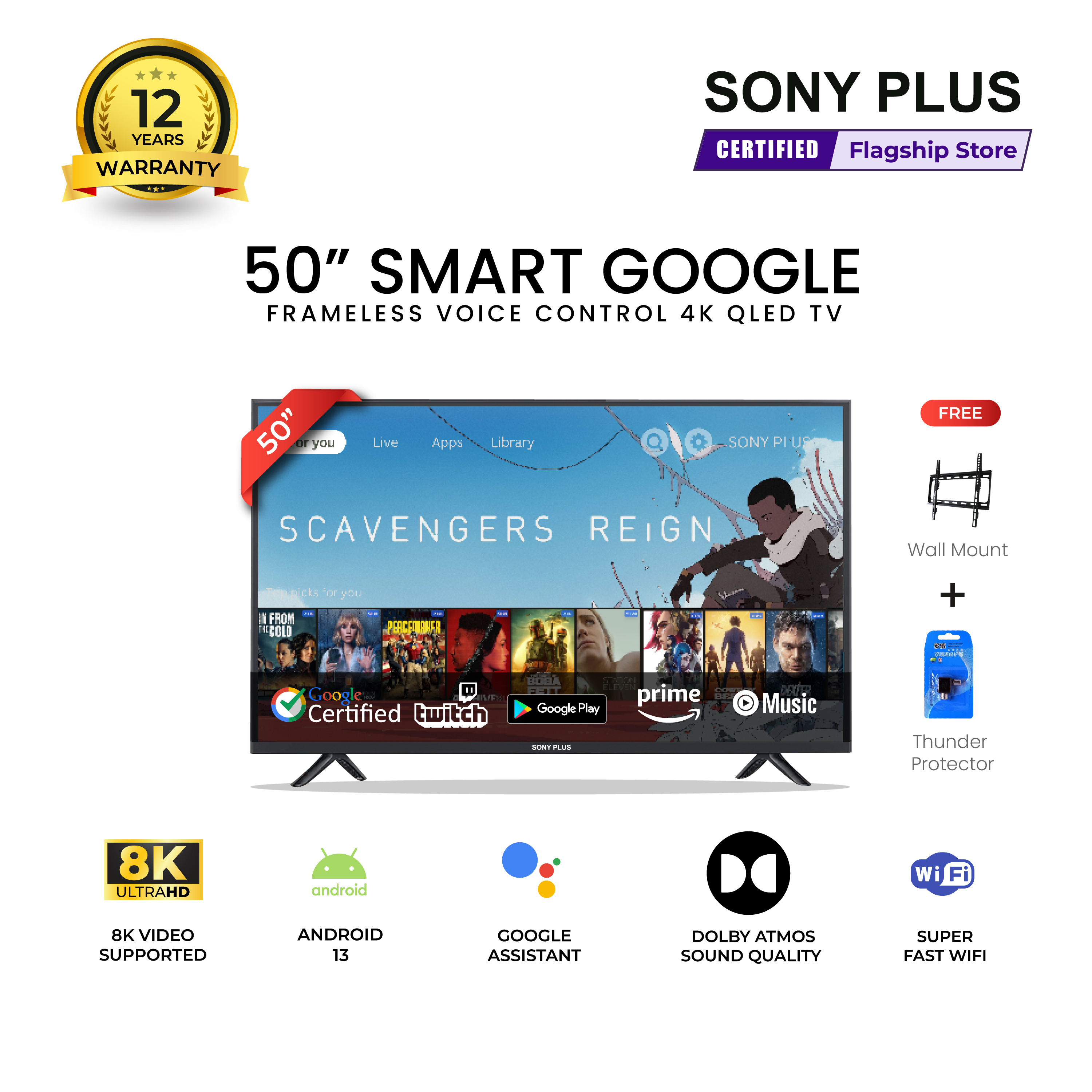 Sony Plus 50 inch Frameless Voice Control Google QLED TV Wi-Fi UHD 8K Supported Google Television