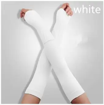 white fingerless long gloves