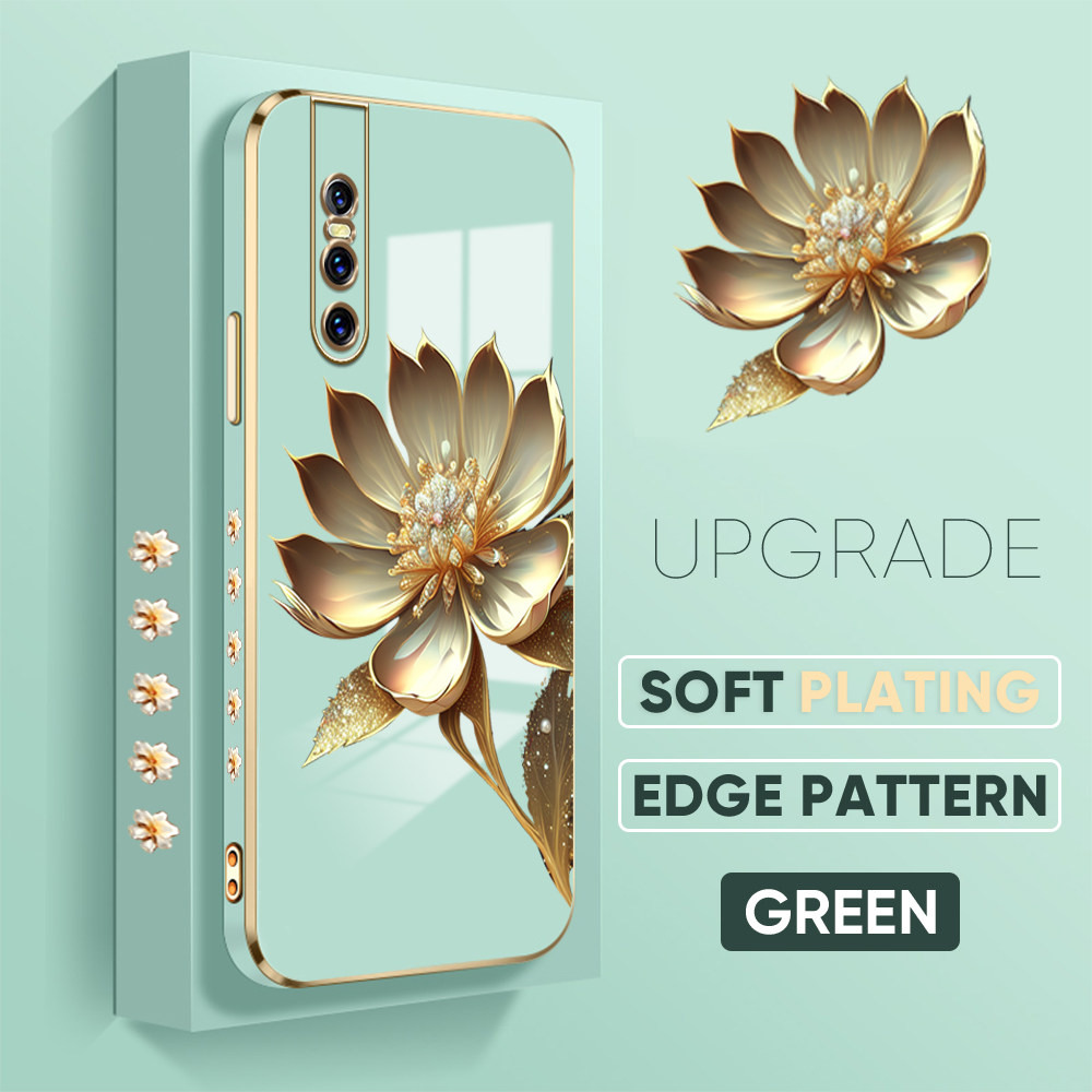 TA for Vivo V15 Pro Back Cover With Hand Strap Gold Lotus Flower Luxury 6D Plating Case Side Pattern Soft Silicone Square Mobile Cover. 