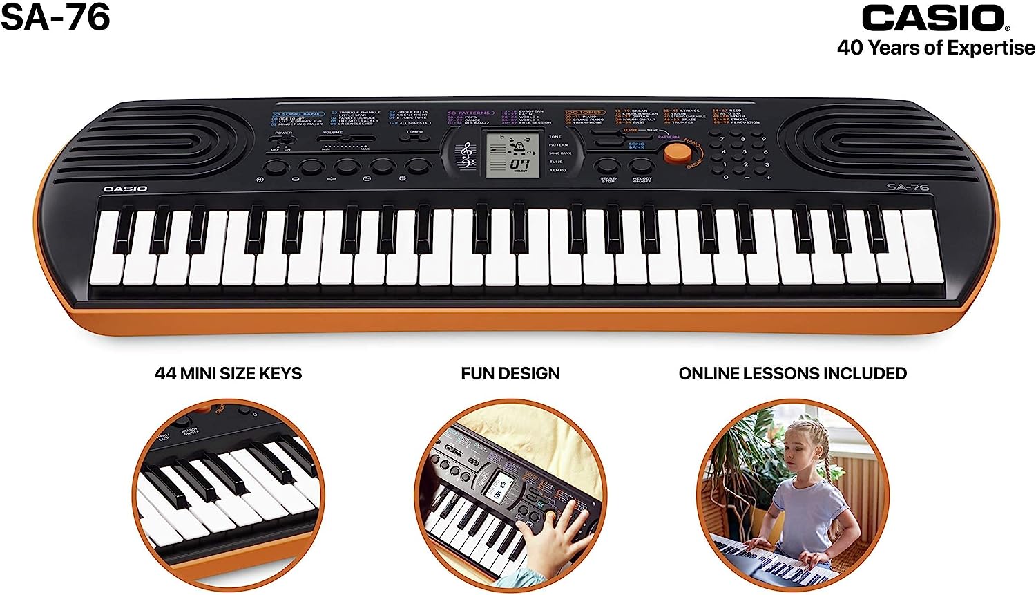 Casio SA-76 Portable Musical Keyboard Piano - Black & Orange with adapter. 
