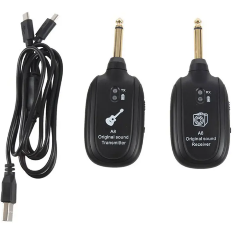 A8 Guitar Wireless System Transmitter Receiver Built-in Rechargeable Built- in Rechargeable wireless guitar transmitter. 