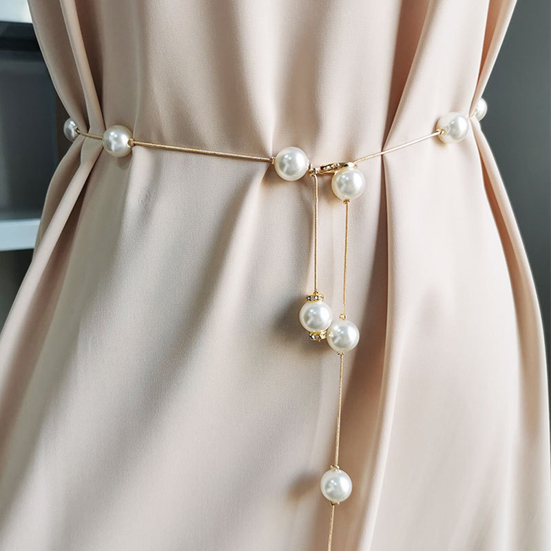 Pearl Women's Belt Simple Adjustable Metal Thin Chain Belt For Ladies Dress Skinny Waistband Decorative Jewelry MJD
