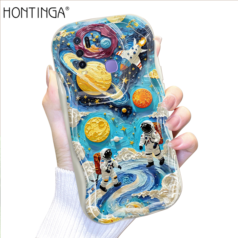 Hontinga for Vivo Y50 Y30 Y30i Back Cover Cute Planetary Astronauts Cream Texture Phone Case Wavy Edge Soft Silicone Cover