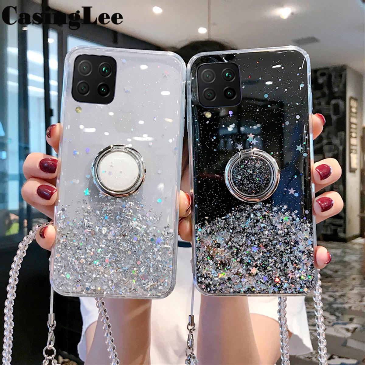Casinglee for Samsung Galaxy M33 5G case Shiny Ring Glitter Soft Transparent Holder Stand Back cover with String for Samsung M33 5G Phone cases cover Stars Moon Girls