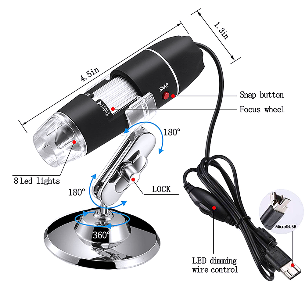 1000X Digital USB Microscope Camera Connected to Phone - Computer. 