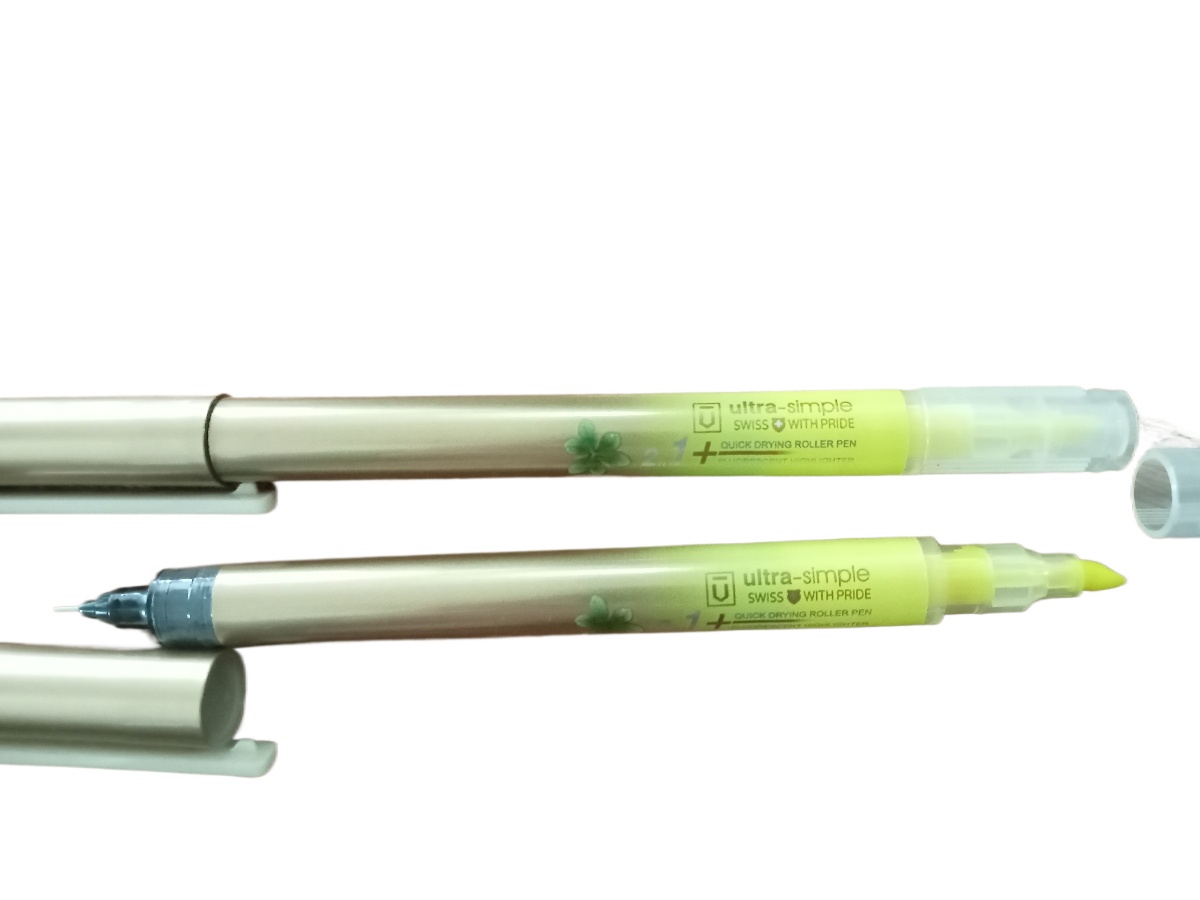 2 in 1, Ultra simple switch with pride, quick drying roller pen + highlighter. 