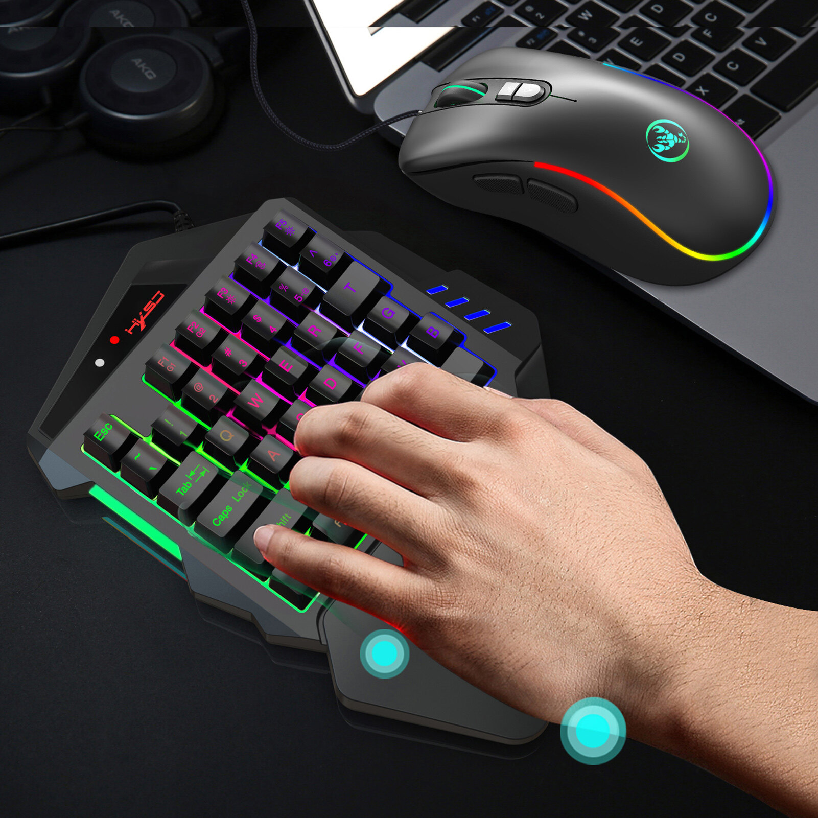 HXSJ V500 Streaming Ribbon Converter One-handed Keyboard with USB Converter Interface Flow Color Light Keyboard for PBUG Black. 