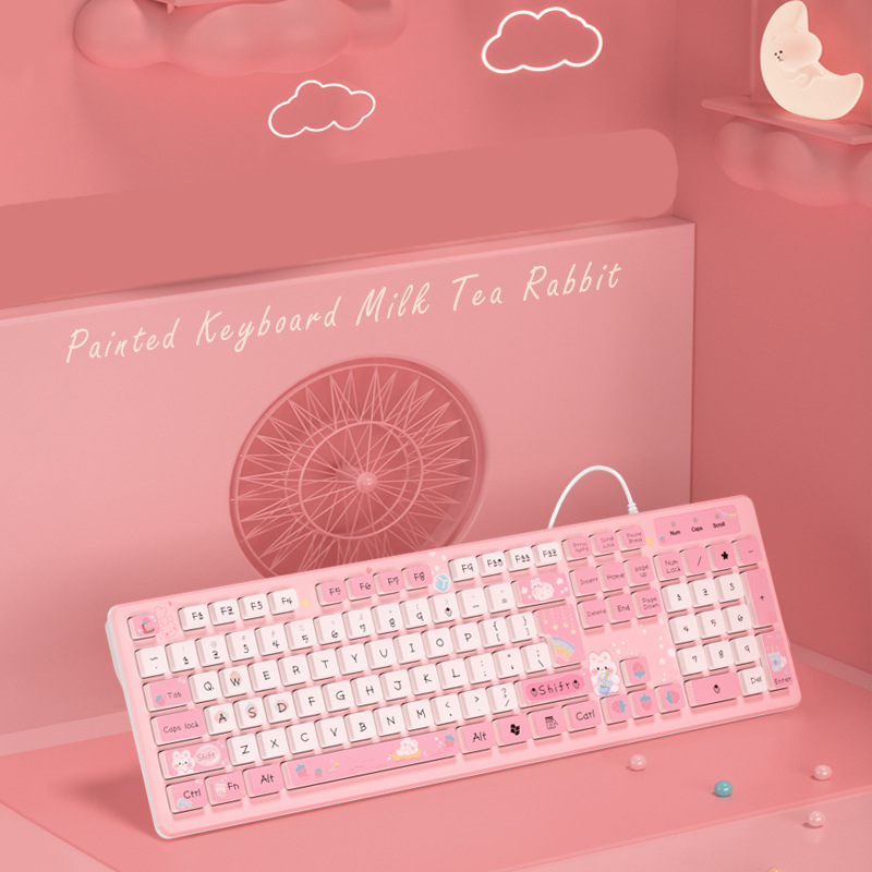 Kawaii wired keyboard milk tea rabbit cute pink cute chocolate wired keyboard girls keyboard creative coloring wireless keyboard. 