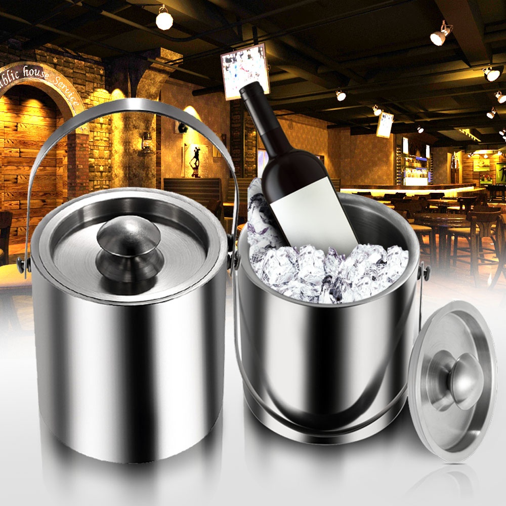 2L/3l Bilayer Stainless Steel Insulation Ice Bucket Wi-ne Cold Barrel Wi-ne Utensils Ice Buckets with Lid and Portable Handle. 