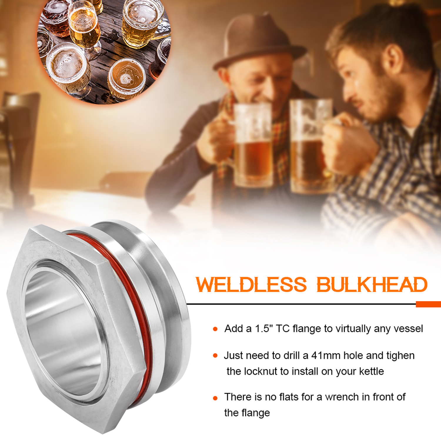 KOGEEK 1.5"TC 304 Stainless Steel Weldless Homebrew Kettle Bulkhead. 
