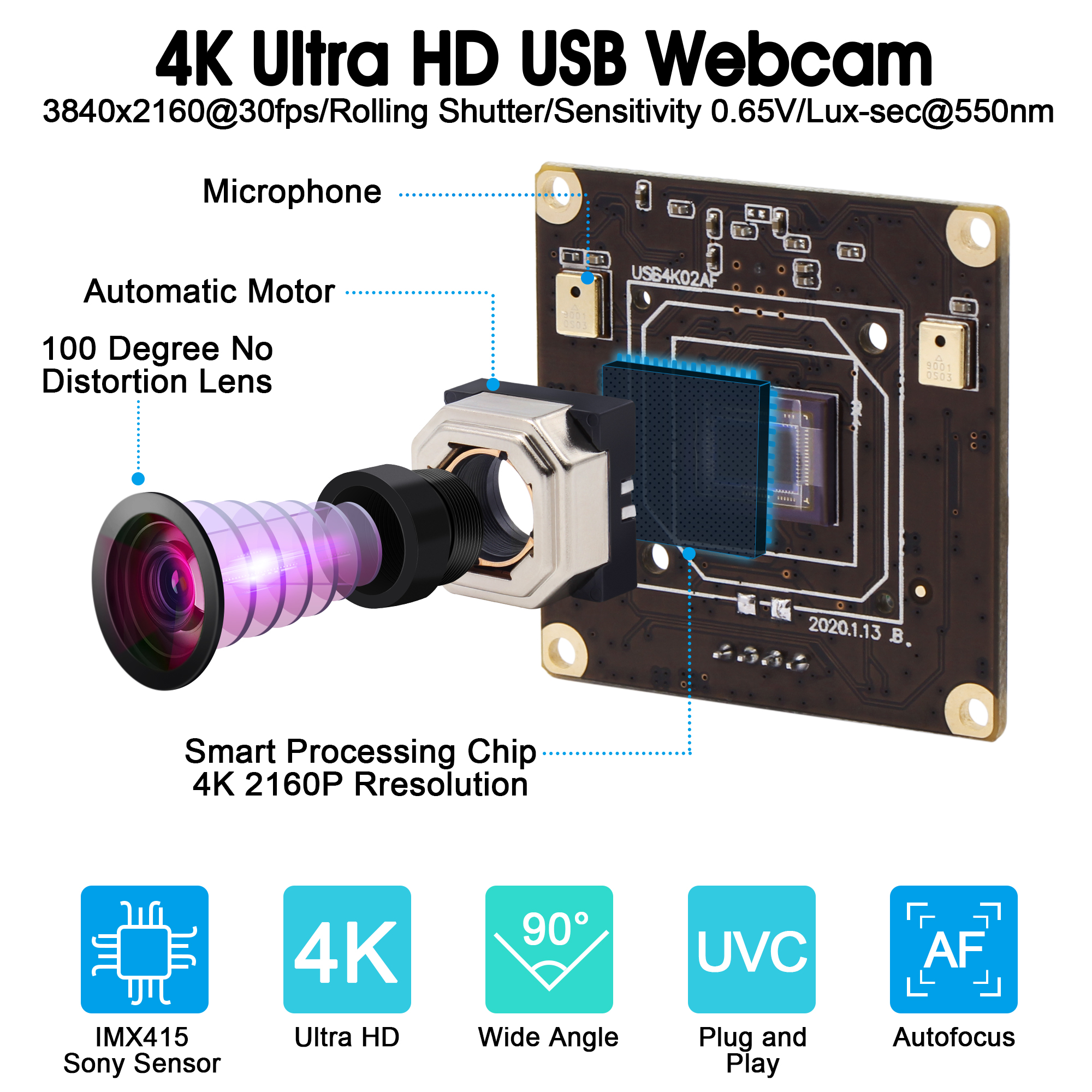 ELP Autofocus Camera 4K 3840x2160 Mjpeg 30fps High Speed Mini USB 2.0 PC Webcam USB Camera Module for Computer Raspberry Pi. 